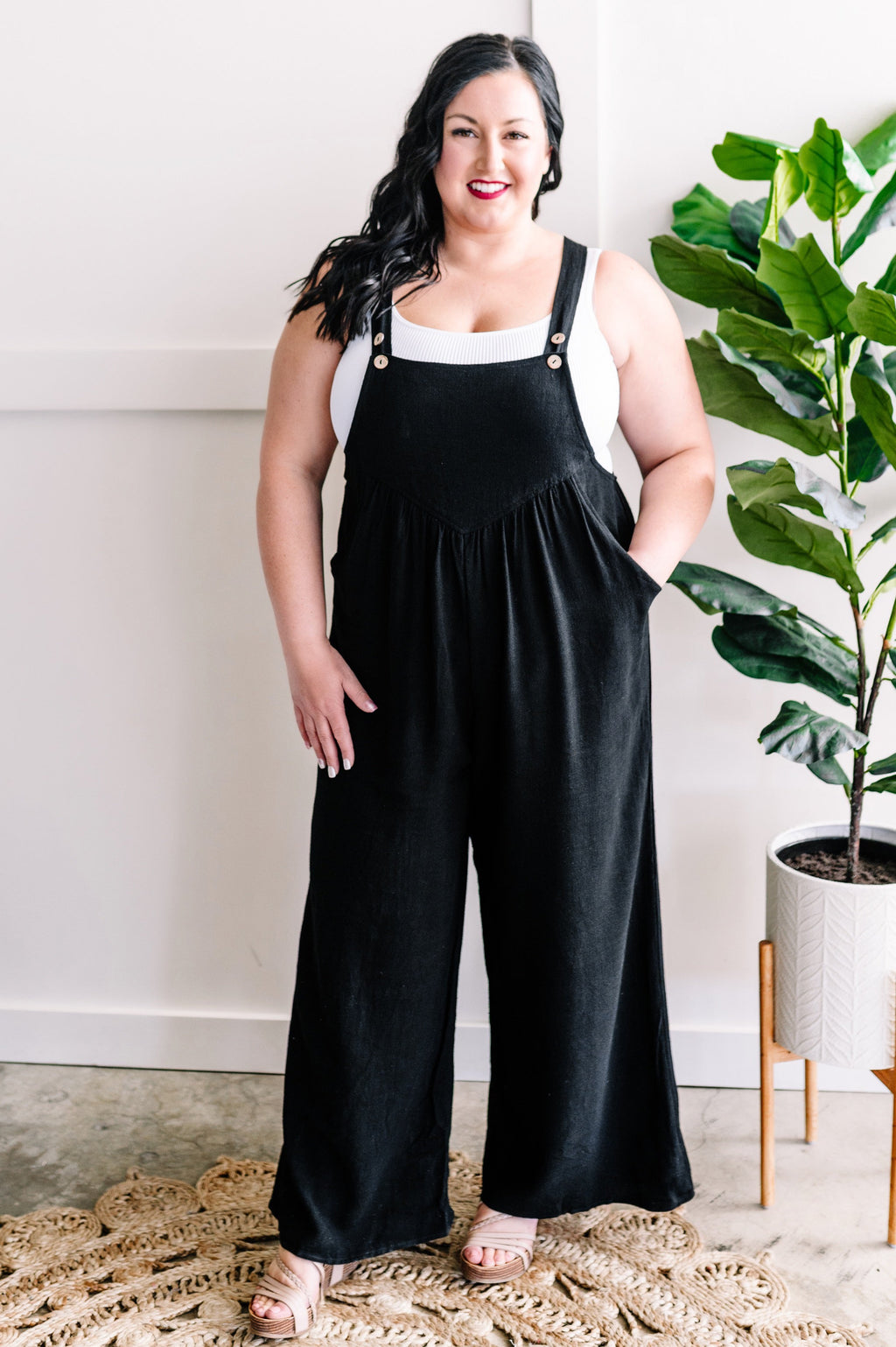 Shirring Detail Overalls In Black Carbon