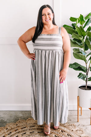 Smocked Maxi Dress In Grey & Ivory Stripes