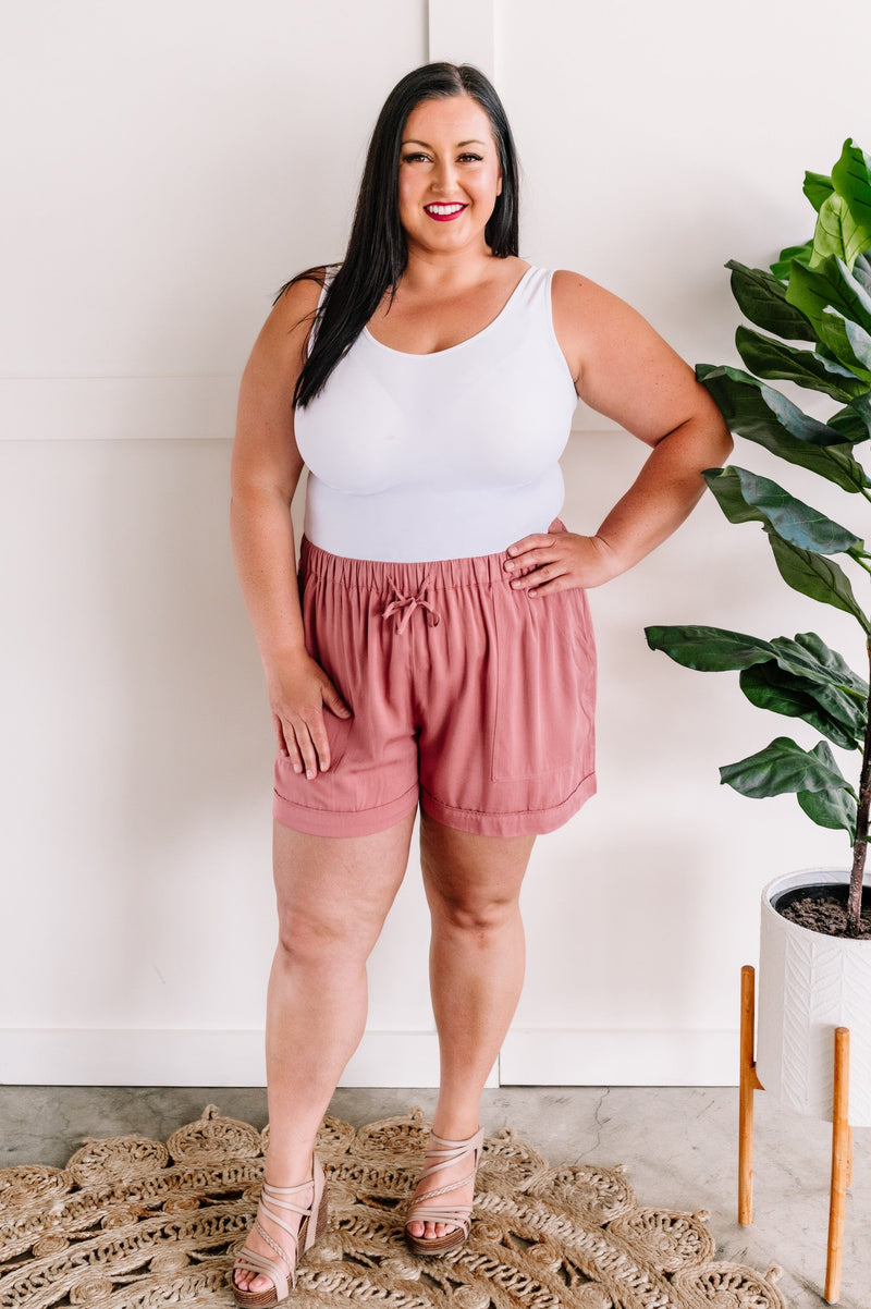 Dressy Drawstring Shorts In Rosy Mauve