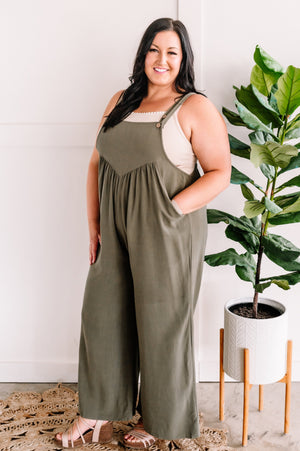 Shirring Detail Overalls In Olive