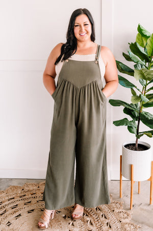 Shirring Detail Overalls In Olive