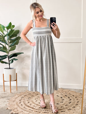 Smocked Maxi Dress In Grey & Ivory Stripes