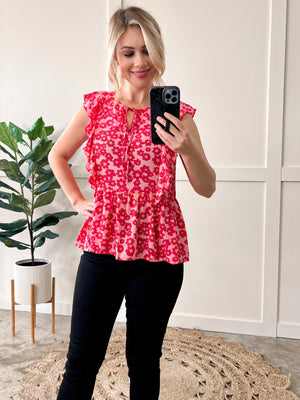 Emily Wonder Tie Front Ruffle Blouse In Retro Pink Florals