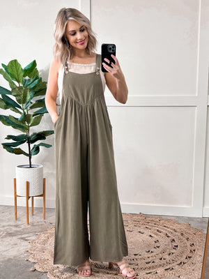 Shirring Detail Overalls In Olive